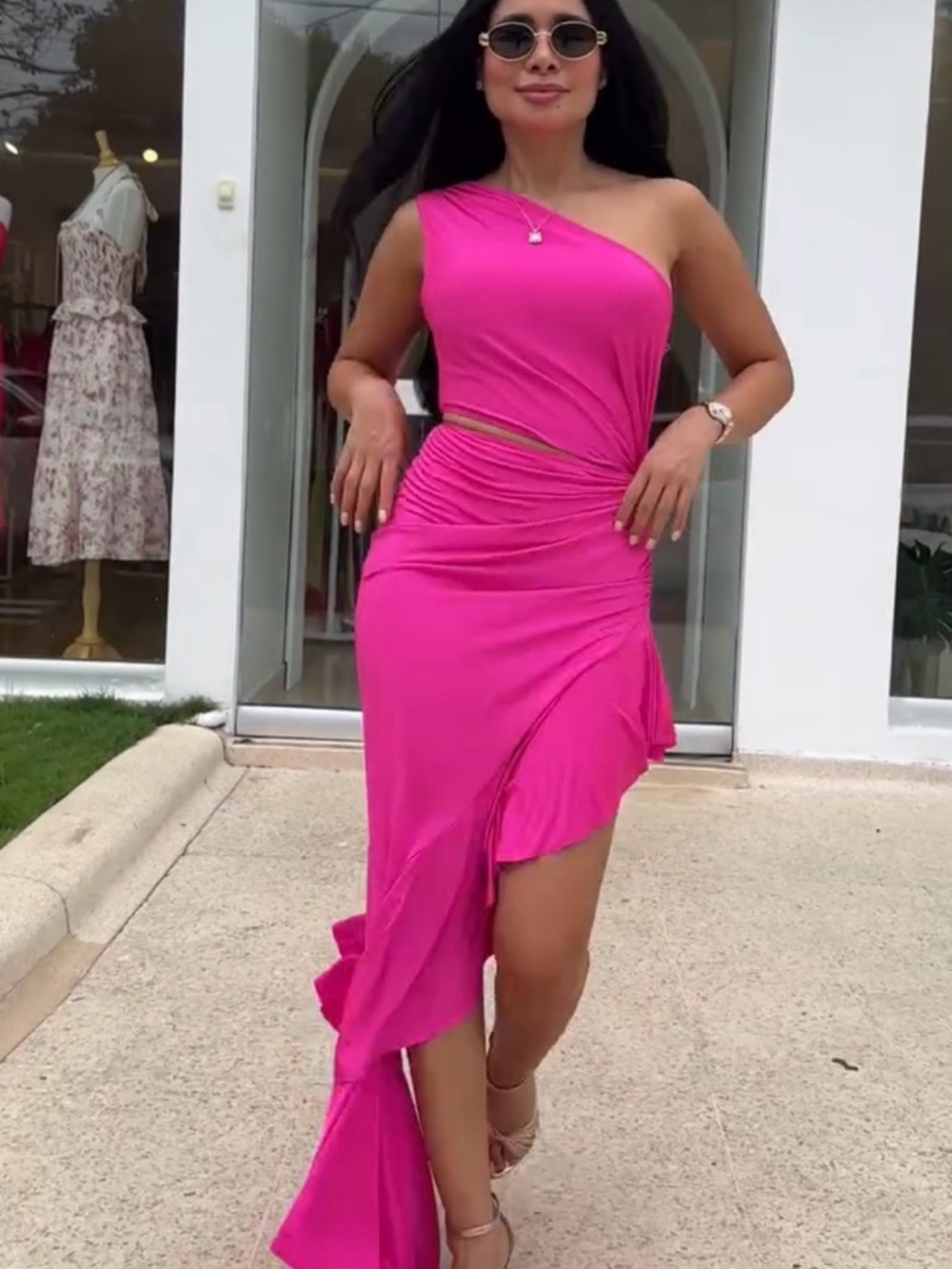 Asymmetric One-Shoulder Ruched Dress in Hot Pink